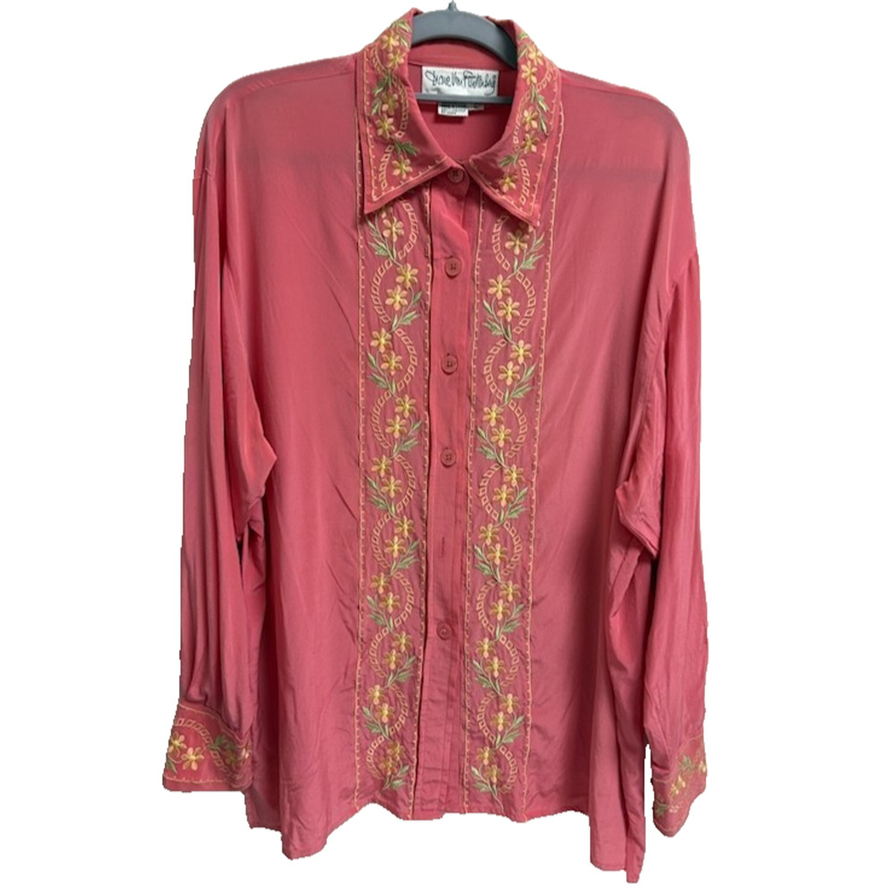 Vintage Diane Von Furstenberg Pink Embroidered Floral Silk Button Down Womens L